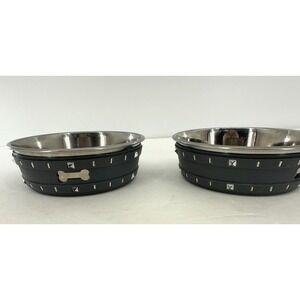 Bret Michaels Pets Rock Dog Bowls Gray with‎ Rhinestones Glam Pet Dishes Set